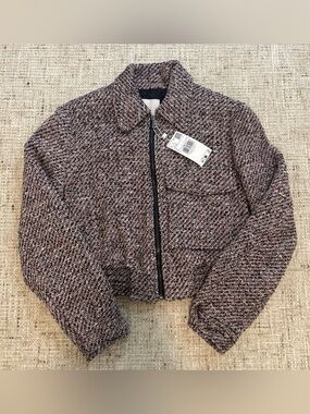 Mango Cropped Tweed Zip-Front Jacket in Heathered Mauve